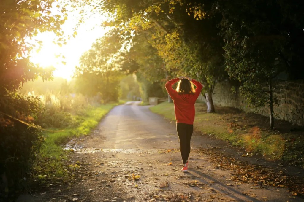 A person walking down a sunlit path.